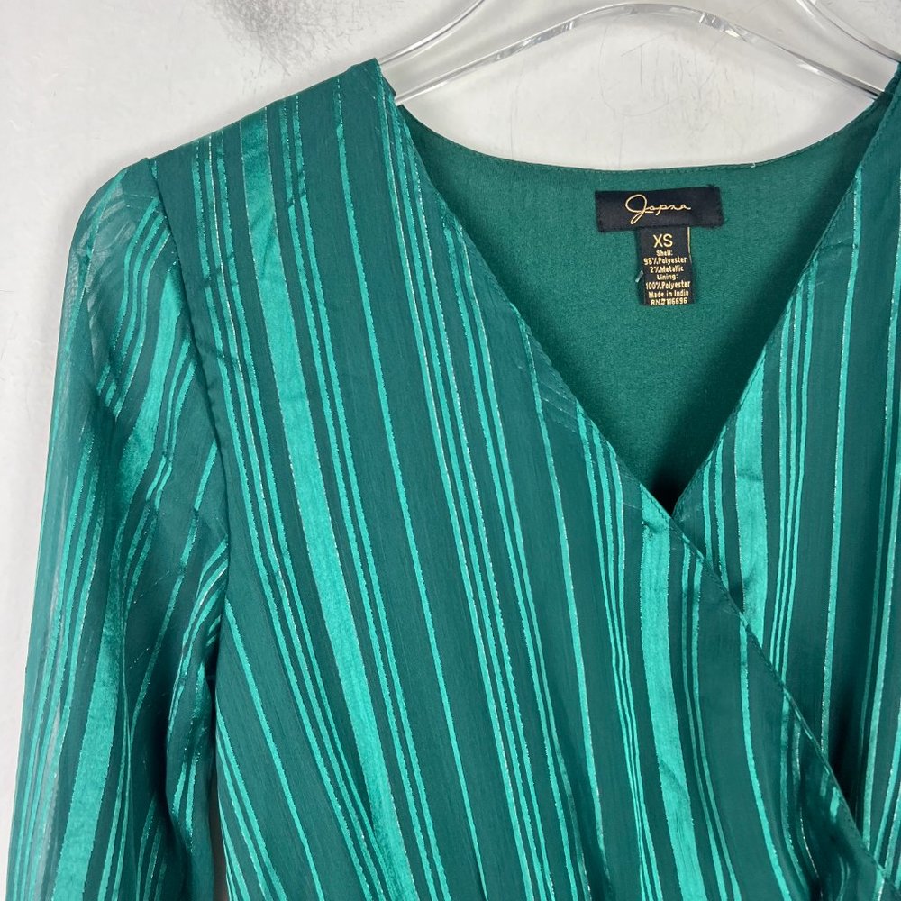 NWOT Japna Long Sleeve Striped Metallic Surplice Top Green Size XS NEW - Picture 2 of 11